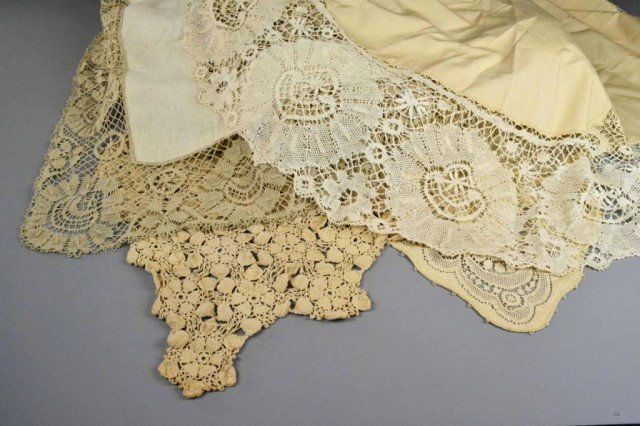 (4) PCS. CROCHETED TABLECLOTHS: Including 70" circular, 70" L x 46" W linen, 92" L x36" W and a hand-crocheted 90" L x 70" W tablecloth. Very good condition. Private collection Troy, MI.