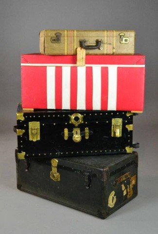 (4) PCS. ANTIQUE TRAVEL TRUNKS AND SUITCASE: Including one small suitcase circa 1950, two travel trunks (one with wheels) and one red toy chest, 33" or less overall. Fair condition. Private collection Troy, MI.