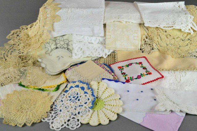 MISC. LACE DOILIES, RUNNERS & HANDKERCHIEFS: Including a variety of hand-crocheted and machine made items including crochet, tatting, lacework; handkerchiefs, runners, doilies and pot holders. Good condition. Private collection Troy, MI.