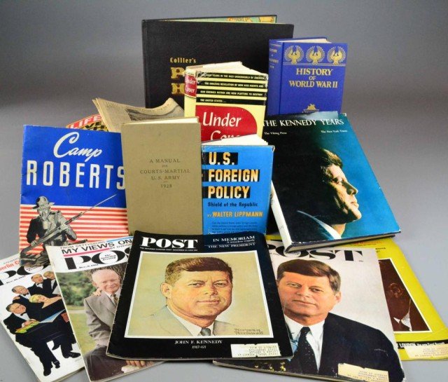 (17) PCS. BOOKS, MAGAZINES, NEWSPAPERS - JFK: Including " The Kennedy Years" by Viking Press and The New York Times, "Undercover" by John Roy Carlson, "Colliers Photographic History of World War II" and a selection of LIFE magazines together with