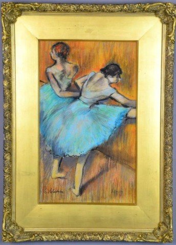 Suzanne Vadadon Pastel On Paper "Homage To Degas": Depicting two ballerina's in the style of Edgar Degas, signed LL by Suzanne Valadon, French artist (1865-1938) model and friend of Edgar Degas, mother of famous French artist Maurice Utrillo, 22.5" H