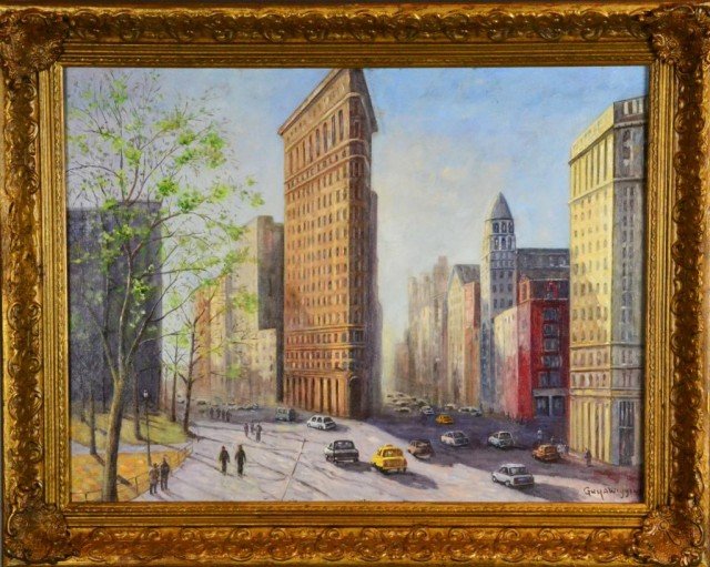 Guy A. Wiggins Oil Painting On Canvas: Depicting a New York scene with figures, buildings, and cars signed LR, Guy A. Wiggins (1920- ) is a New York artist known for his landscapes and street scenes, 19" H x 25.5" W sight, condition appear
