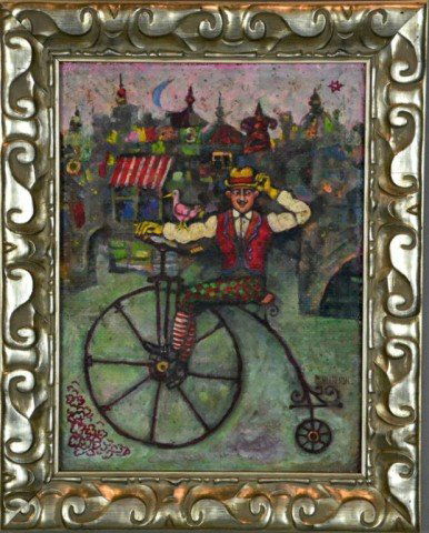 David Davidovich Burliuk Oil & Mixed Media On Boar: Depicting a "Bicyclist" with a bird on sleeve,and buildings in the background, signed LR, by Ukranian_American artist (1882-1967), verso remnants of an old label, in Cyrillic, 15.75" H x 11.75" W sigh