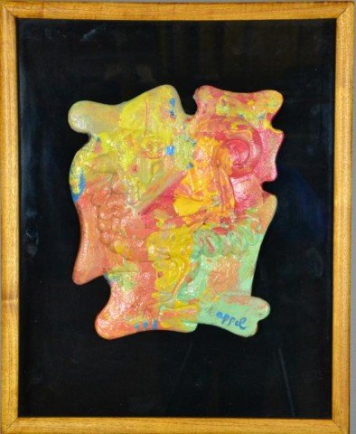 Karel Appel Oil On Carved & Shaped Wood "Rooster": Depicting a polychrome wood and painted rooster under glass, signed LR by Karel Appel, Dutch-French artist (1921-2006) 13" H x 10.5" W sight, 21" H x 17" W frame. Private collection Clinton Twp. MI.
