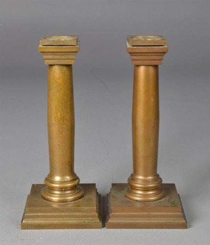 Pr. Of Antique Square Base Bronze Candlesticks: Graduated stepped square base, with central turned column, and graduated stepped candle holder and removeable plate. 10" H x 4.25" Sq. Circa mid to late 19th century. Private collection Troy, MI.