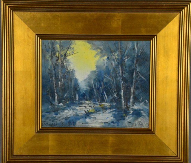 Bernard Buffet Landscape Oil On Canvas: Depicting an impressionistic spring landscape in tones of blue, signed LL Bernard Buffet, French, (1928-1999) 8" H x 10" W sight, 15.5" H x 17.5" W. Private collection Clinton Twp, MI.