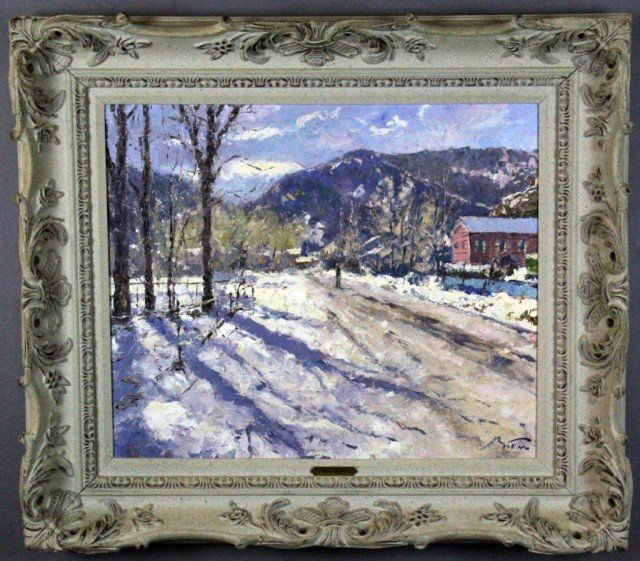 Pierre Bittar Oil Painting on Canvas: Depicting a winter scene with figure, trees, mountains and buildings, signed LR and having name plaque "Pierre Bittar born 1934." He was a French artist known for his landscapes,winter scenes are scar