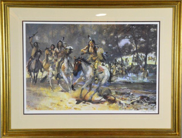 Guy Manning Litho of Native American - Signed: Depicting Indian war party on horseback running through forest, nicely framed color reproduction, hand-signed in pencil lower right, numbered 1/500 lower left, sight 21.5" x 31.5", framed 32.5" x 42.5