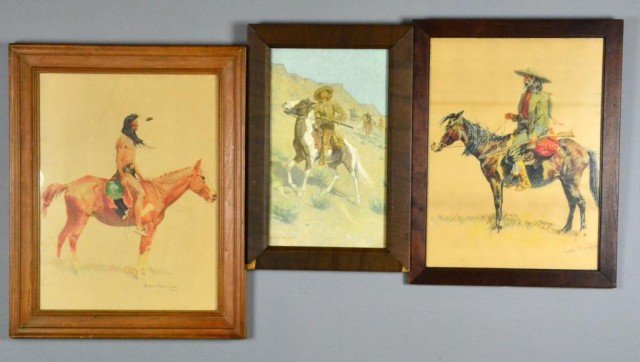 (3) Frederic Remington Lithographs On Paper: Depicting various western themes, including cowboys and indians, largest is 19.75" H x 14.75" W, circa early 20th century. Private collection Highland Park, Mi.