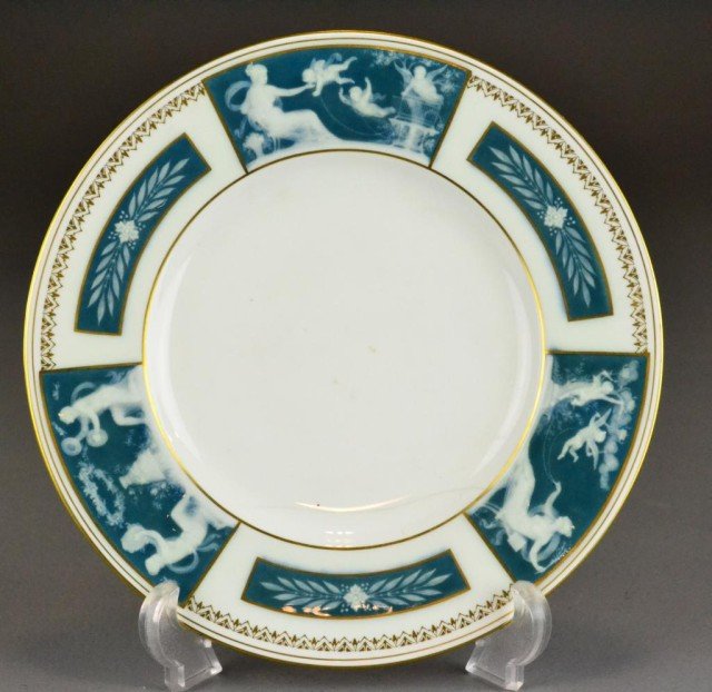 Minton Pate sur Bate Plate - signed Birks: Unusual 'paste on paste' cameo-like decoration with beautifully executed scenes of flying putti tethered by goddesses (signed Birks L.R. in this panel), a musical scene with tambourine and cymbals hav