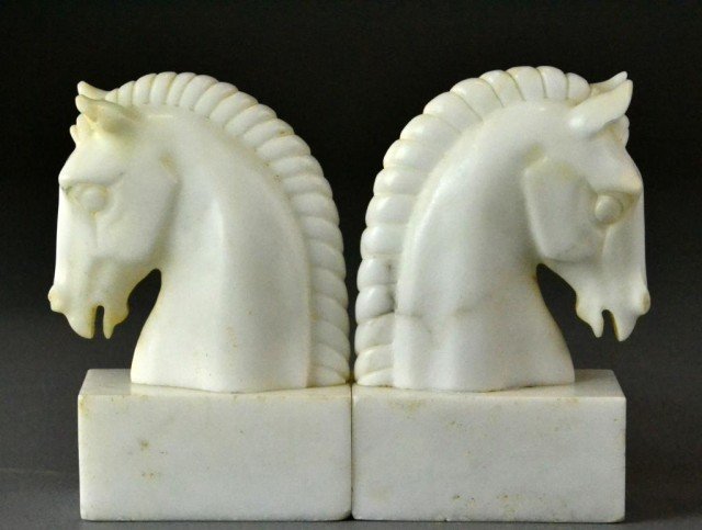 Pr. Of Italian Alabaster Horse Head Bookends On S: Finely depicted and polished, on the bottom 093/1 Italy, 7" H mid century.