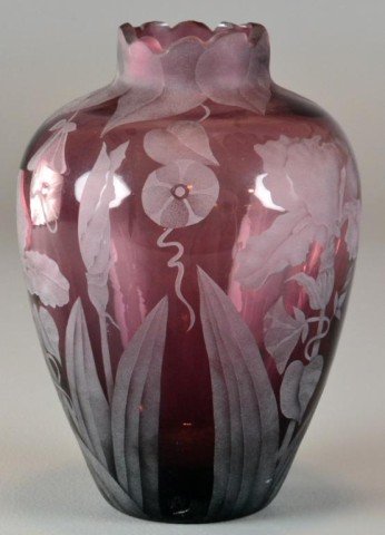Cynthia Meyers Etched Glass Vase: In the style of Steuben with etched irises and morning glories against a plum ground, signed and dated 1996, to the base, 9.75" H, excellent condition. Private collection W. Bloomfield, MI