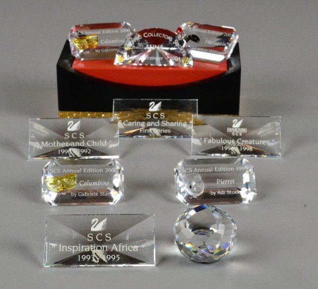 (10) Swarovski Crystal Miscellaneous Displays: A collection of Swarovski store display pieces, largest 3" L, mint condition, most have protective boxes. Private collection W. Bloomfield, MI.