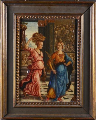 Old Masters Style Oil Painting on Wood Panel: Finely painted to depict two female figures, with one holding her hat with a head and the other holding a sword (presumably the weapon that killed the man), amid a Greek interior scene. Unsigned, with