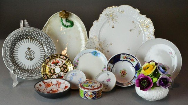 (13) Pieces Porcelain Including Coalport: To include a Coalport Bone China floral bouquet, a antique E.F. Bodley & Co. brown ironstone bowl, a Royal Crown Derby saucer, a Imari bowl with gold highlights, a pewter and porcelain Asian bowl, cov