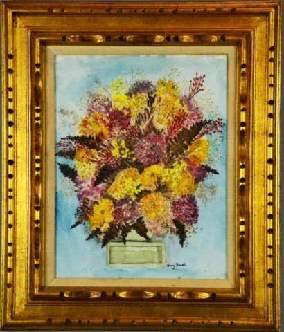 Amy Bauer Bouquet Still Life Watercolor: A display of flowers in a vase in earth tones, signed LR Amy Bauer, verso chosen best watercolor by William Tall Detroit Free Press art critic, Oct. 23, 1970, nicely framed under glass in a hand carve