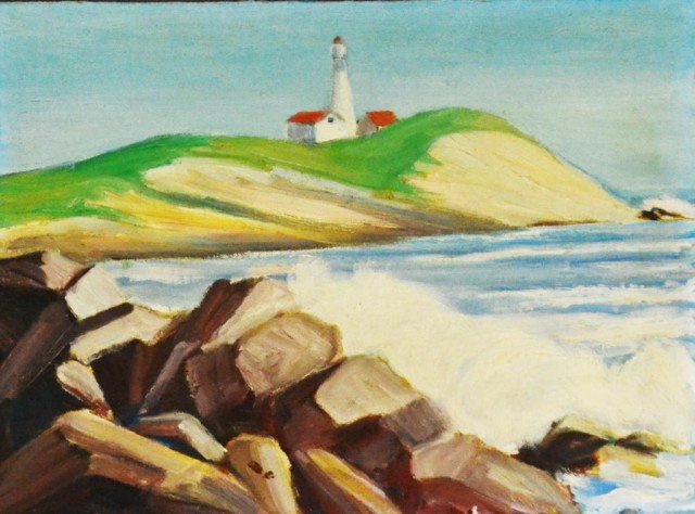 Style Of Edward Hopper Seascape Oil Painting On C: Depicting waves smashing against rocks, with a lighthouse on a hill in the background, unsigned, 12" H x 16" W unframed, circa 20th century.