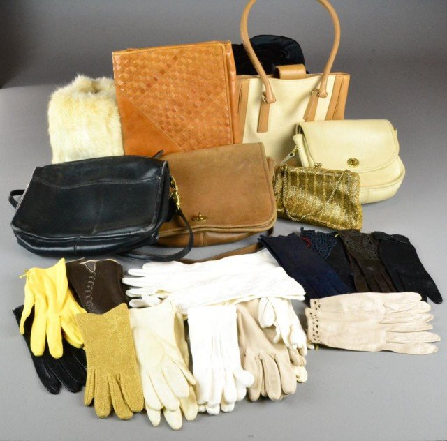(23) Ladies Gloves, Purses & Fur Muff Inc Coach: A selection of vintage leather and cloth gloves of various designs, purses of leather, satin and beading and one white rabbit fur muff, circa mid-20th century, condition commensurate with age. Private