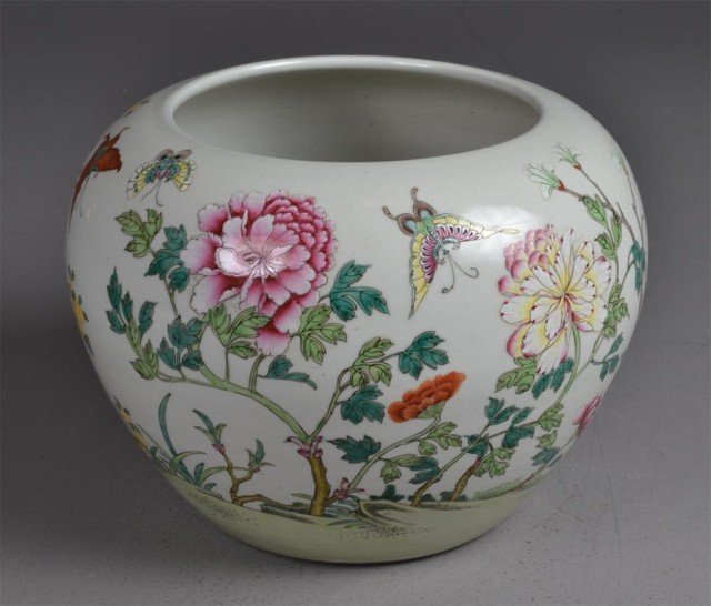 Chinese Large Famille Rose Brush Wash: Porcelain famille rose brush wash on white ground with butterfly and chrysanthemum decoration, 9" H x 11.5" Diameter, six iron red underglaze markings on bottom. Private collection Rochester Hills, MI