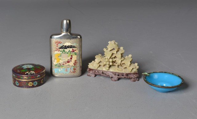 (5) Chinese Decrotive Art Pieces Inc. Ivory: To include soapstone carving of leafs and fruit, cloissone trinket box depicting lotus blossom, small enamel dish, a Japanese flask depicting Mt. Fuji and map of Korea and Japan with names of cities, 