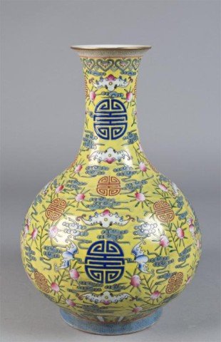 Chinese Famille Rose Porcelain Shangping Vase: Depicting a peach and bats, having six character mark, 16.25"H, circa early 20th century.