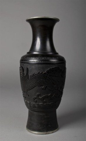 Chinese Cinnabar and Bronze Baluster Vase: Finely carved to depict dragons chasing a flaming pearl, 11" H, circa 20th century