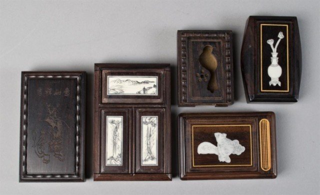 (5) Chinese Ivory and Rosewood Cricket Boxes: Depicting landscapes, vases and flowers, and squirrels, with bone and boxwood vents, one box lacking ivory inlay largest is 3.75"L X 2.75"W circa early 20th century.