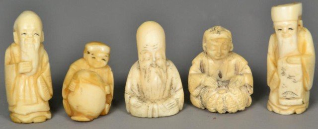 (5)Japanese Carved Ivory Netsuke: Finely carved to depict different elders, some marked on underside, tallest is 2.25" H, probably Meji period. Private collection Oxford MI.