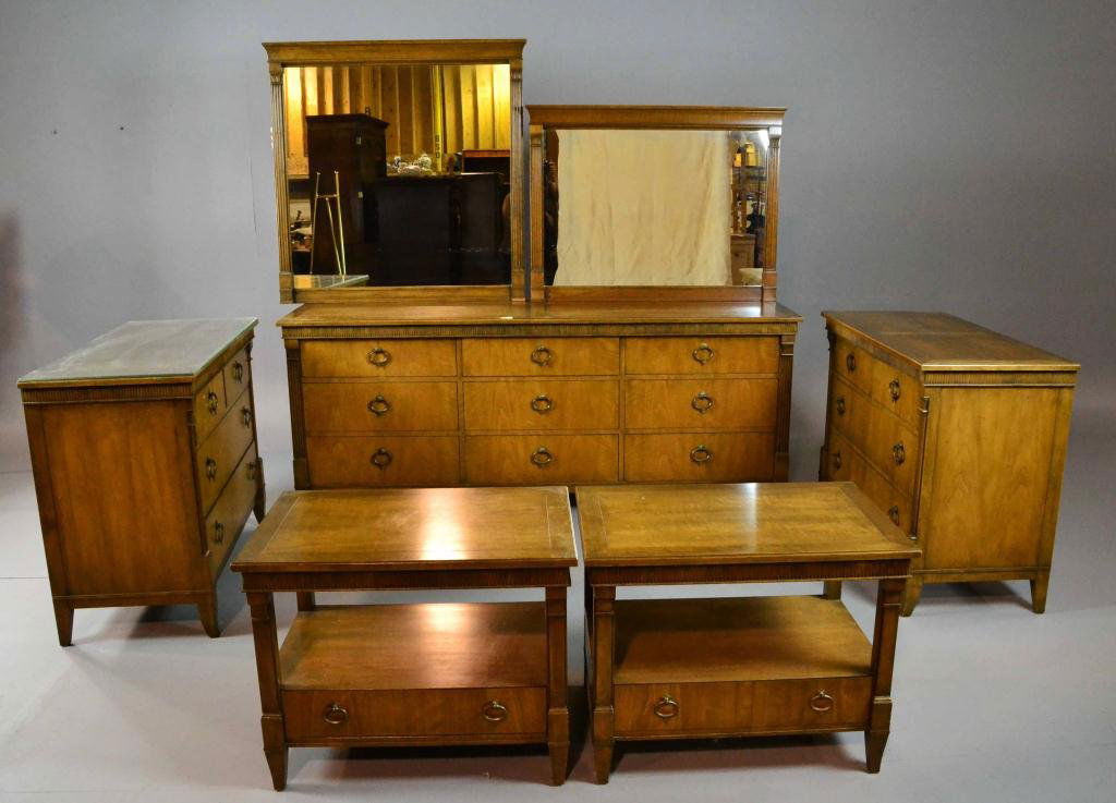 (5) PCS. BEDROOM SET W/ MIRROR: Mediterranean style including long dresser (75.5" L x 19" W x 31" H), two end tables (28" L x 19" W x 22 H), two dressers (42" L x 19" W x 22" H) with mirrors (one with glass top), good condition. Pri