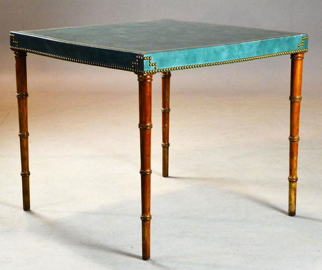 Barnard & Simonds Leather Covered Card Table: Having sage green leather top with gold embossing around edges with hob nail decoration, bamboo-shaped tapering legs, 28.5" H x 33" Square, made in Grand Rapids, MI, circa mid-20th century, condition