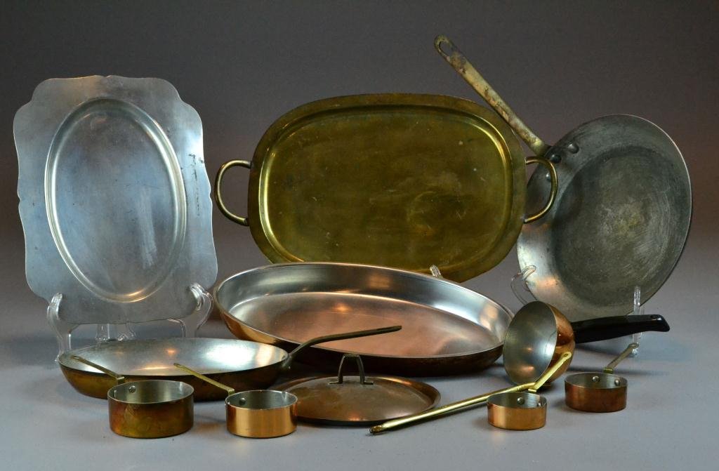 (9) Copper Kitchen Items: Variety of oval frying pans, round pans and small sauce pans, largest is 24" L, circa 20th century, good condition.