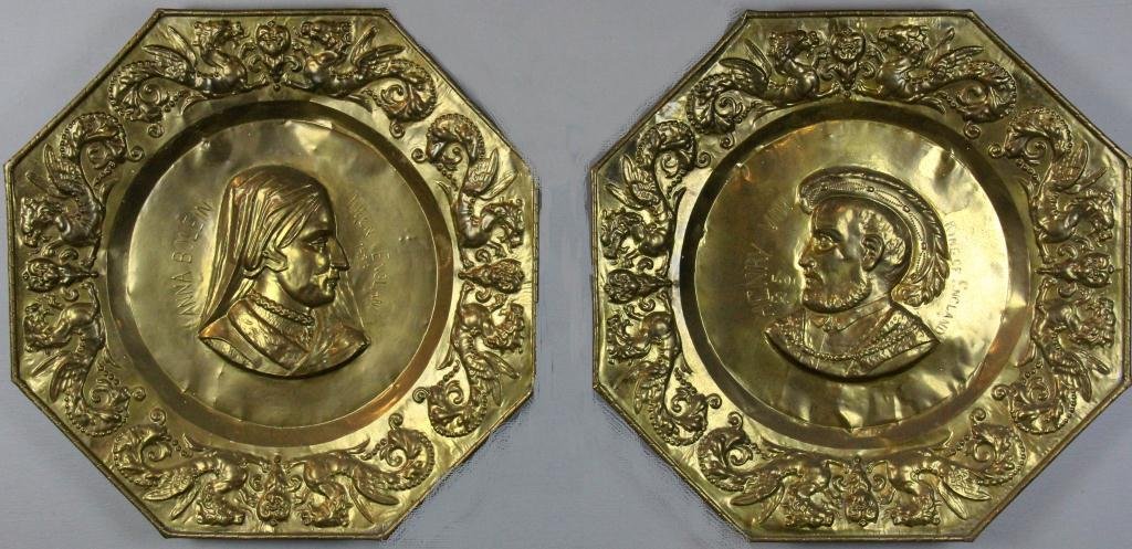 Pr. English Brass Octagonal Portrait Plaques: Depicting King Henry the 8th, and Queen Anna Bolein, in raised relief, and decorative raised scroll relief, both aproximately 24" H x 24" W, circa mid 20th century.