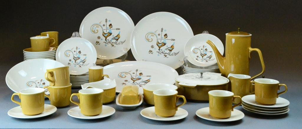 Colorcraft Dinnerware by Taylor-Smith Pottery: Rooster and hen design, to include tall coffee pot, oval serving platter, open veg bowl, covered veg bowl, small bowl, butter dish, cream & sugar, salt, gravy boat, round platter, 8 dinner plates, 8 s