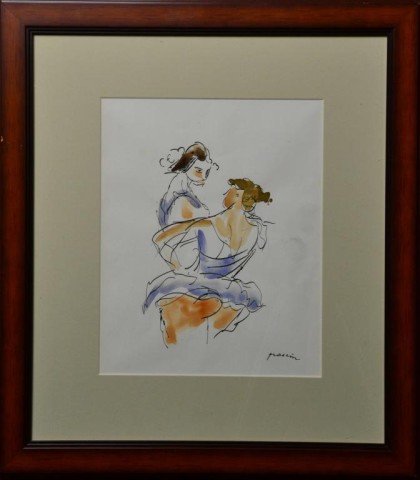 SIGNED PASCIN INK AND WATERCOLOR DRAWING: Two women dancing, Signed LR by important Bulgarian-French artist, Jules Pascin (1885-1930). 11.75" H x 8.38" W sight, 17.25" H x 15.25" W frame. Private collection Clinton Twp Mi.