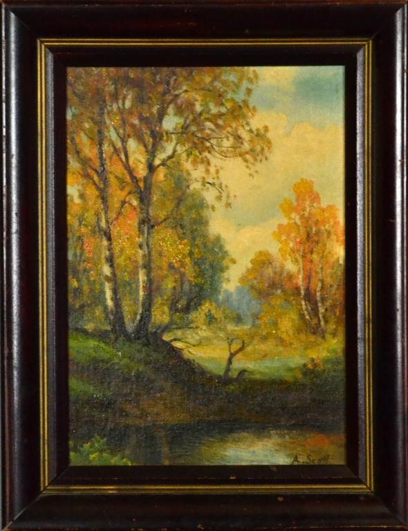 Landscape Oil on Board signed A. Scott: Depicting a stand of birch trees, circa 20th century, 13.5" H x 9" W sight, 17.25" H x 13.25" framed, painting in good condition, scuffs to frame,