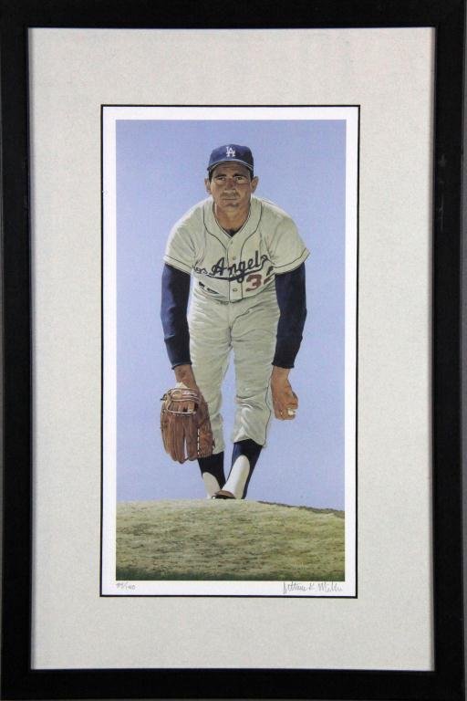 Sandy Koufax Framed Print by Arthur K. Miller: Depicting the pitcher on the mound, pencil signed LR, edition 67/150 LL, 6.5" W x 13" H framed,12" W x 18.5" H sight, 6.5 x 13" H framed, circa 20th century, excellent condition.