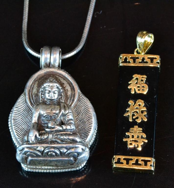 (2) Pcs. Chinese Gold and Sterling Jewelry: Sterling pendant depicting a seated Buddha opening to a locket form, signed with character marks to the back and further signed to the interior, with snake chain along with 14K gold and onyx black rec