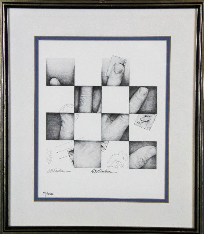 Gary Trudeau Lithograph On Paper: Depicting fingers within abstract cubes number 116 of an edition of 1000 pencil signed lower left, Gary Trudeau born 1948, was a Conneticut artist known for his cartoon illustrations, nicely framed an