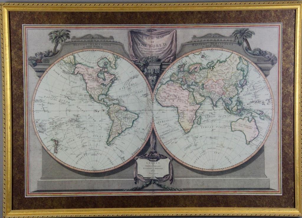 Framed Map of the World Print & Map of KY & OH: Depicting two hemispheres map of The New World, 34" W x 23" H sight, 40" W x 29" H gilt frame, circa 20th century, along with a map by Tunison's 1888 of Ohio on one side and Kentucky on reverse, print