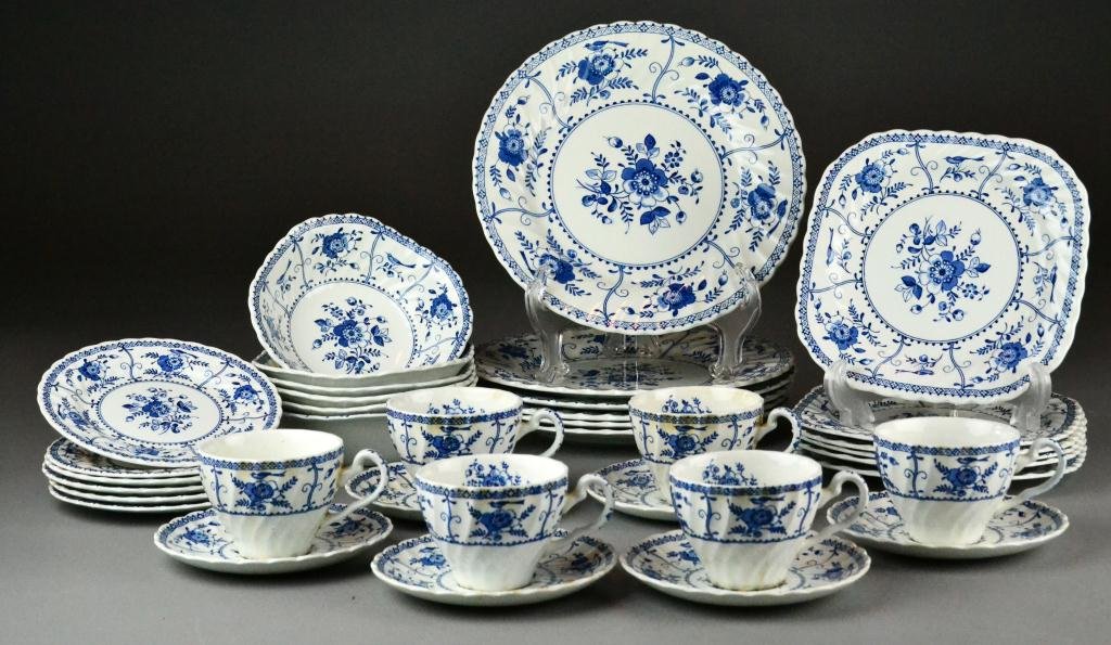 (36) Pieces Blue Onion Style Porcelain Dinnerware: To include 6 dinner plates, 6 lunch plates, 6 salad plates, 6 cups, 6 saucers, and 6 soup bowls, largest is 9.5 inches wide, some marked made in England, circa early to mid 20th century.