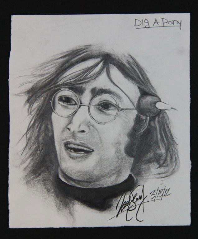 Zac Sally Signed Pencil Drawing of John Lennon: Depicting John Lennon, titled "Dig a Pony", signed LR & dated 3/13/2012, Zac Sally, born 1992, is a Michigan artist know for his realistic renditions of famous people, 6.5" x 7.5".