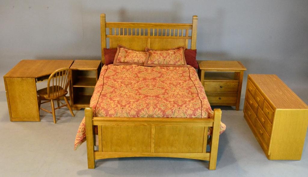 (6) Pcs. Light Oak Mission-Style Bedroom Suite: Consisting of bed 63" H x 64" W x 90" L, dresser 31" H x 54" L x 18" D, bedside table with shelf above two drawers 31" H x 31" W x 18" D, bookcase with two shelves 30" H x 18" W x 20" D and computer d