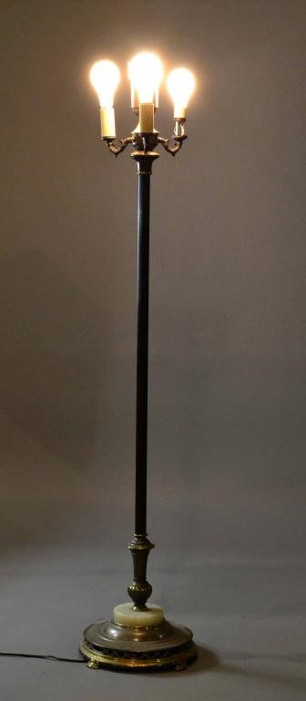 FLOOR LAMP OF BRONZE AND MARBLE - 3 LIGHT: Standing floor lamp of bronze with white marble base, 58" H, circa mid 20th century, good condition. Private collection Troy, MI.