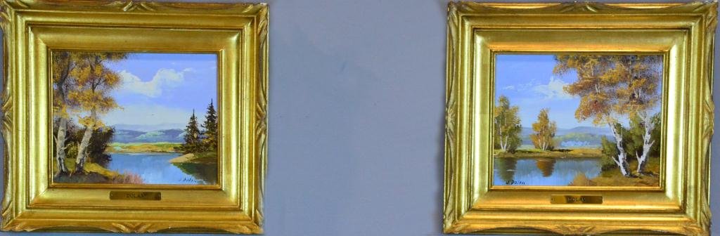 (2) Acrylic Landscape signed Dolan: A pair of mountain landscape paintings with birch trees, having molded gilt frames, circa 20th century,sight 9.25" W x 7.25" H, 15" W x 13" H, good condition. Private collection Clarkston, MI.