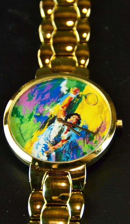 LeRoy Neiman Men's Watch - Tennis Motif: Bulova watch depicting a color image tennis player by LeRoy Neiman's, with gold tone link band, signed on back "The Artis's Watch" , circa 20th century, mint condition, new in box. Private collection 