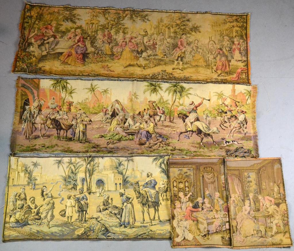 (5) French & Belgium Tapestries: Including a matching set of three depictions of 18th century high society, and two depictions of middle eastern peoples with horses, donkeys, and camel, the largest is 20" H x 57" W, circa early 20th 