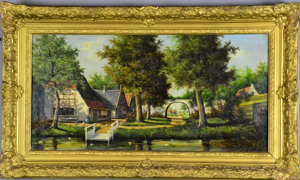 J.V. Raamsdonk Landscape Oil Painting On Canvas: Depicting an idyllic European landscape with houses, and a pond with water lillies in the foreground. Signed LL by J.V. Raamsdonk, 20th century Dutch artist known for his landscapes.15.5" H x 31" W si