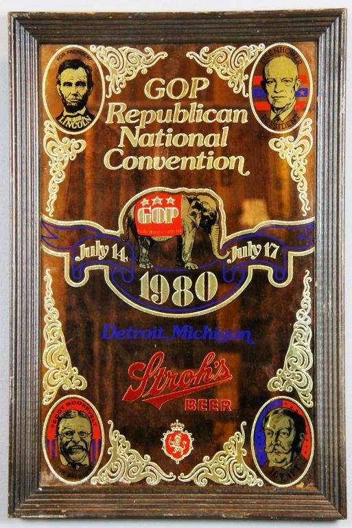1980 GOP Detroit Convention Stroh's Display: Original GOP Republican National Convention Stroh's Beer Display, July 14-July 17, 1980, Detroit, MI, with four presidents on the corners: Lincoln, Eisenhower, Roosevelt and Taft, with mirror backgrou