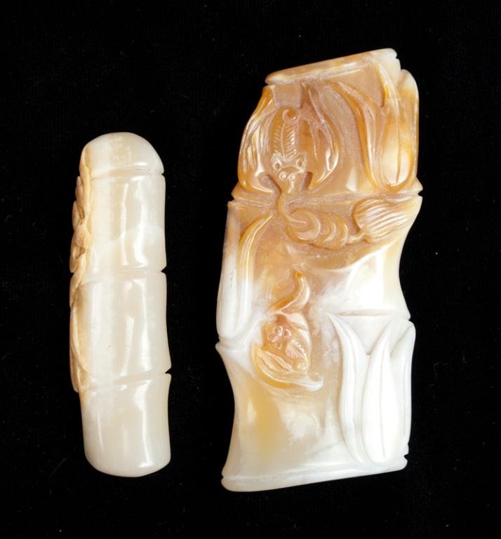 (2) Chinese Qing Carved Jade Bamboo: Both finely carved depicting a bamboo stalk, both with carved bats. Largest 3.75" L, circa 20th century. Private collection Rochester Hills, MI.