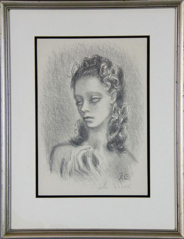 John Wesley Carroll Lithograph: Stylized portrait of a head of a woman, signed in the print LR J.C., signed in pencil John Carrol (1892-1959) American artist, student of Frank Duveneck, titled "Ribbons," printed on white wove paper,